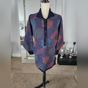 VTG 90s Women's Wool Fall Leaf Print Collared 3/4 Button Sweater Collared SZ SM